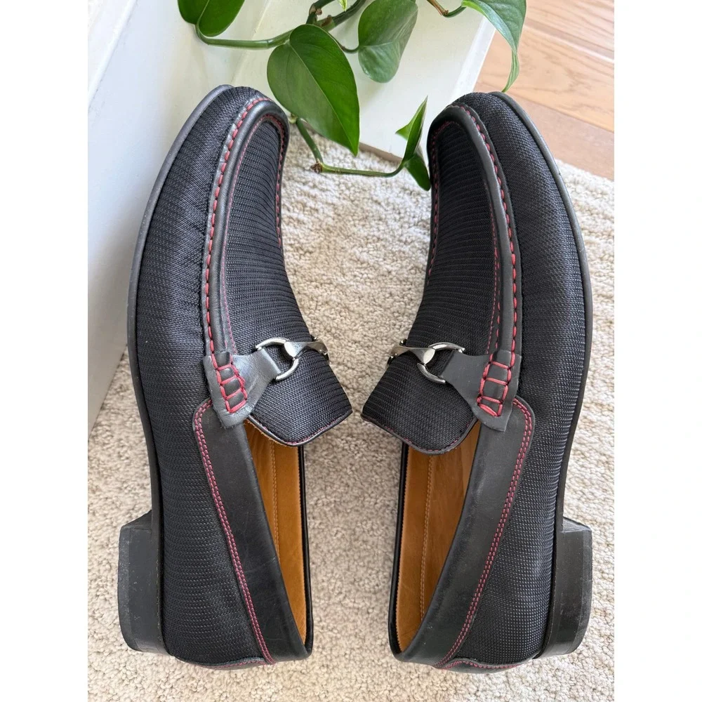Donald Pliner Dannien Loafers Men 13 Black Nylon‎ Leather Bit Red Stitch Brazil